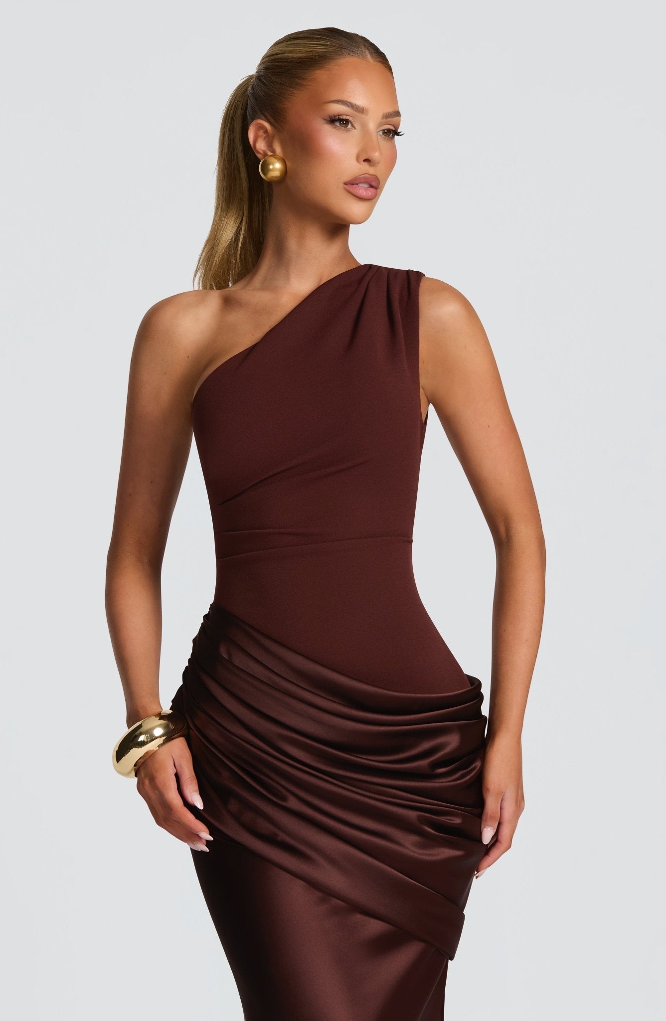 Women's Elegant One-Shoulder Satin Long Dress Crepe Bodice Draped Wedding Guest Formal Party Dress – Ophelia Chocolate