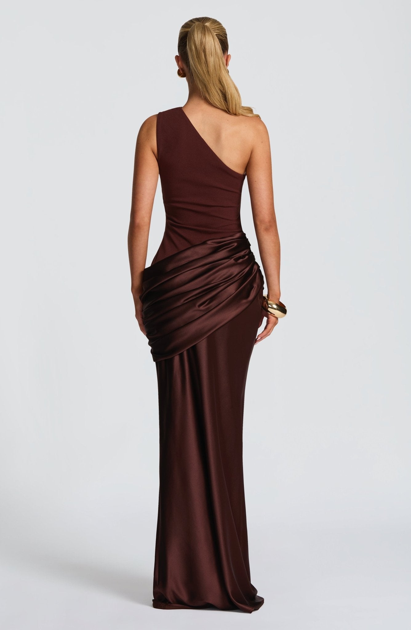 Women's Elegant One-Shoulder Satin Long Dress Crepe Bodice Draped Wedding Guest Formal Party Dress – Ophelia Chocolate