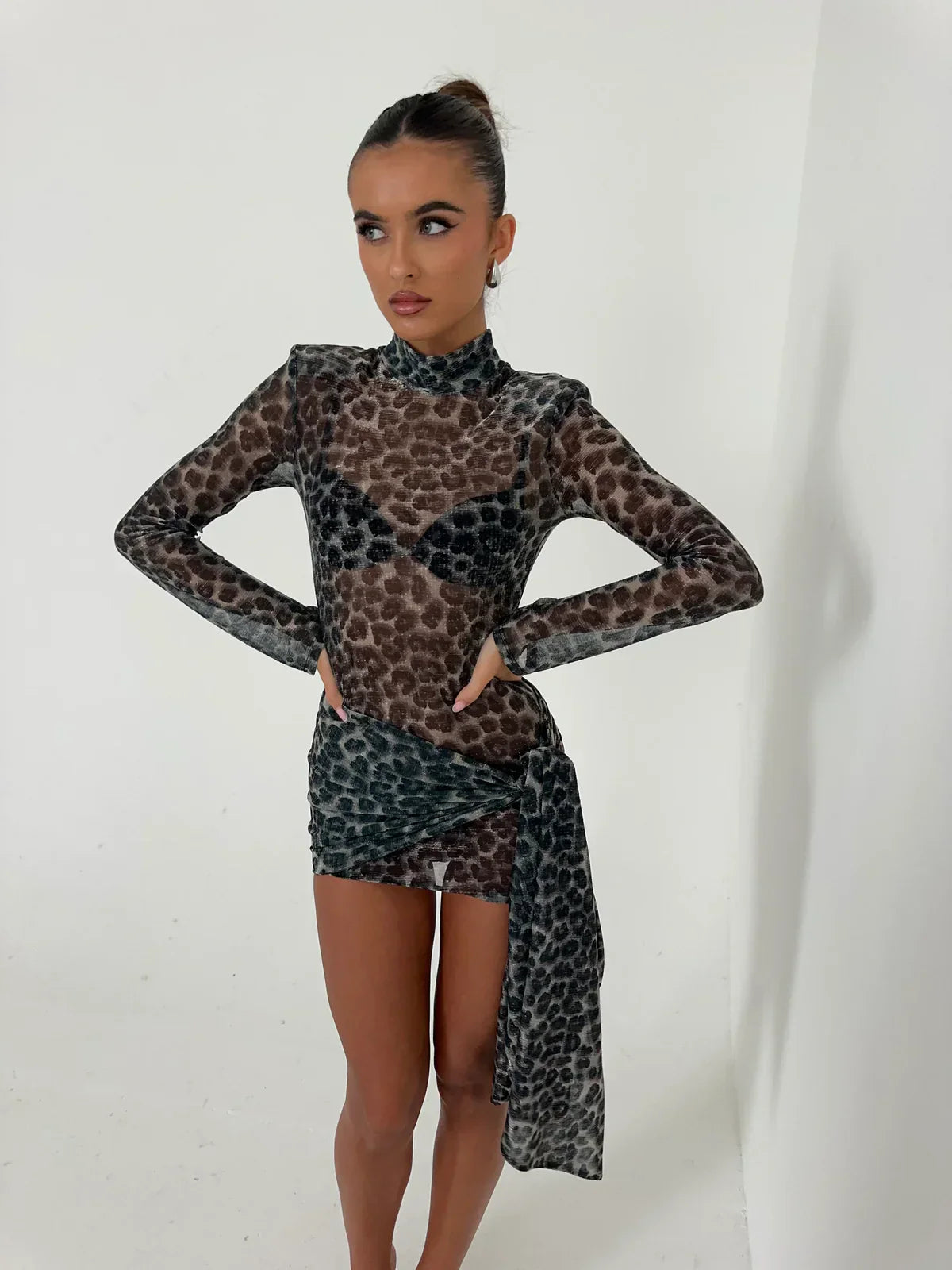 Women's Mesh Long Sleeve Glove Mini Dress Asymmetric Bodycon Party Night Out Club Birthday Summer – Tess