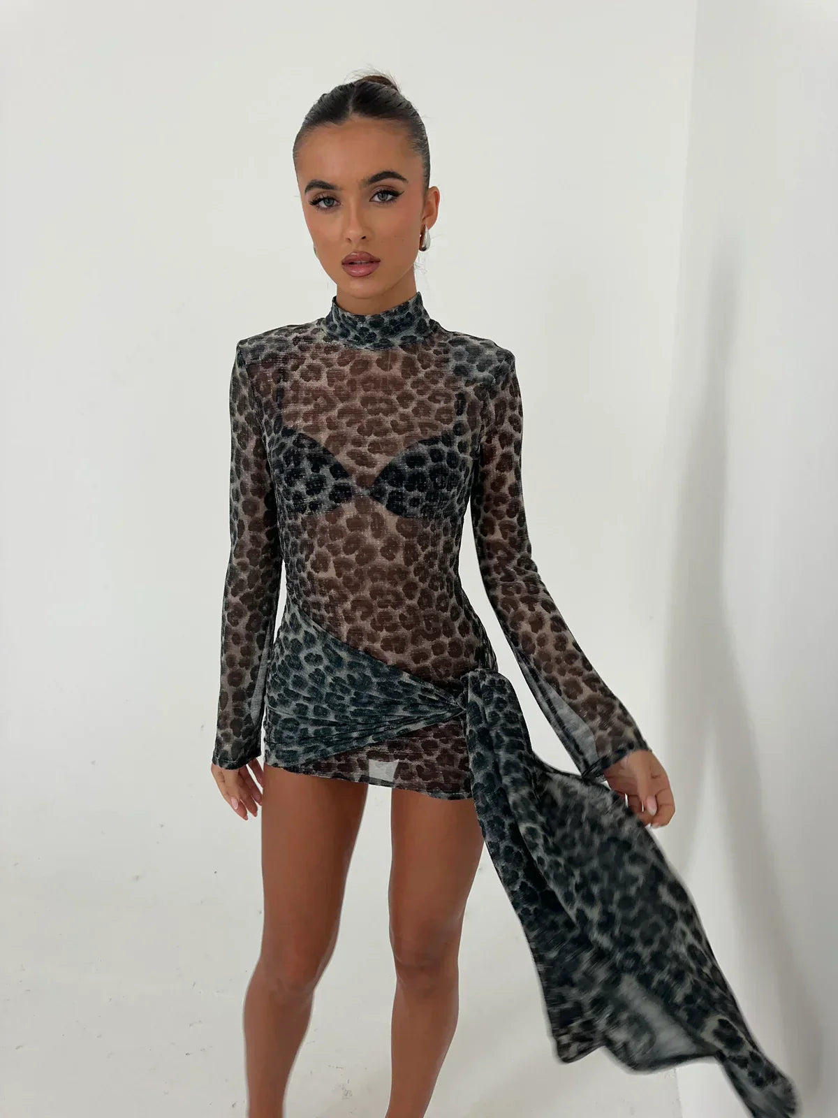 Women's Mesh Long Sleeve Glove Mini Dress Asymmetric Bodycon Party Night Out Club Birthday Summer – Tess
