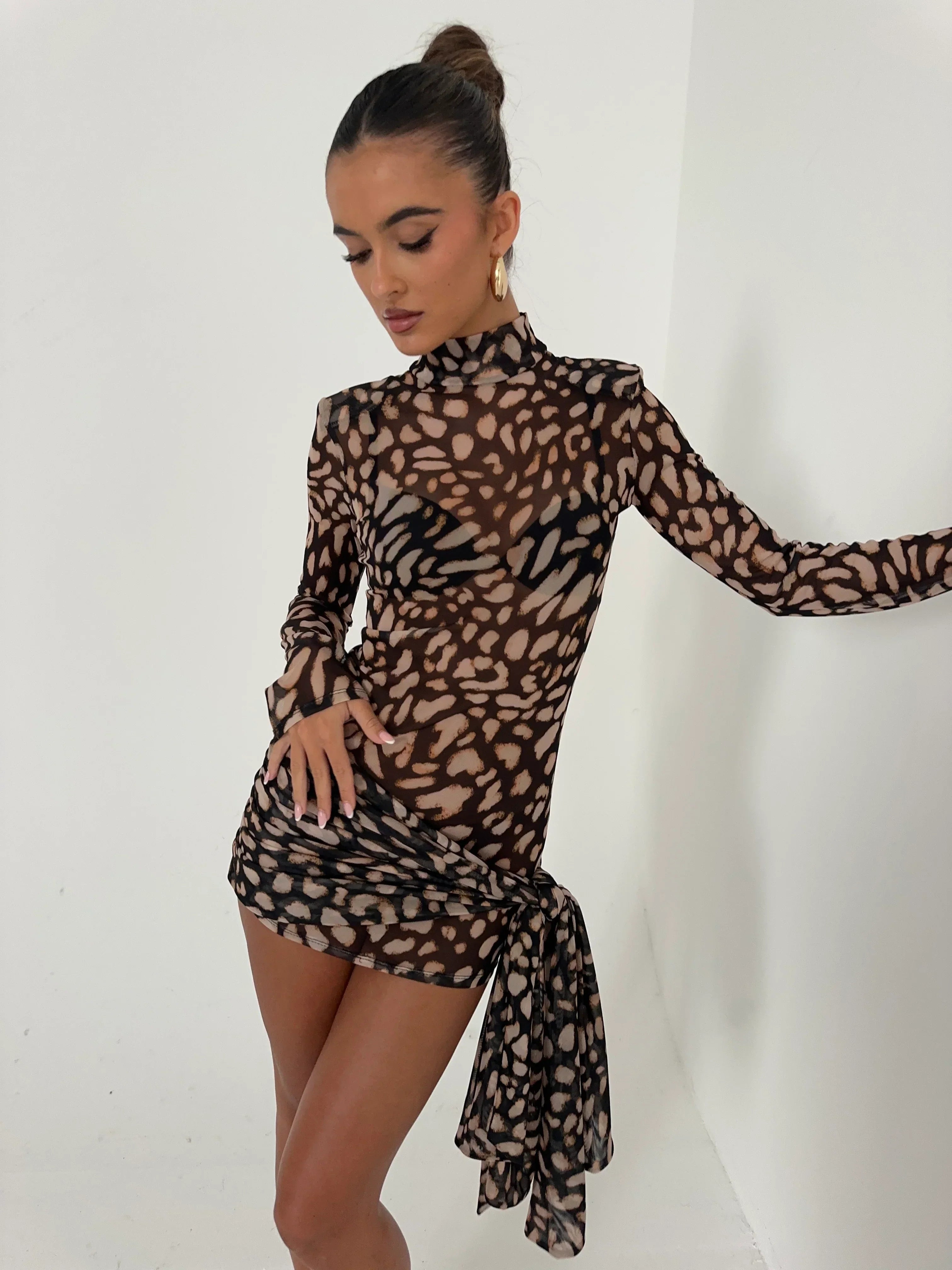 Women's Mesh Long Sleeve Glove Mini Dress Asymmetric Bodycon Party Night Out Club Birthday Summer – Tess