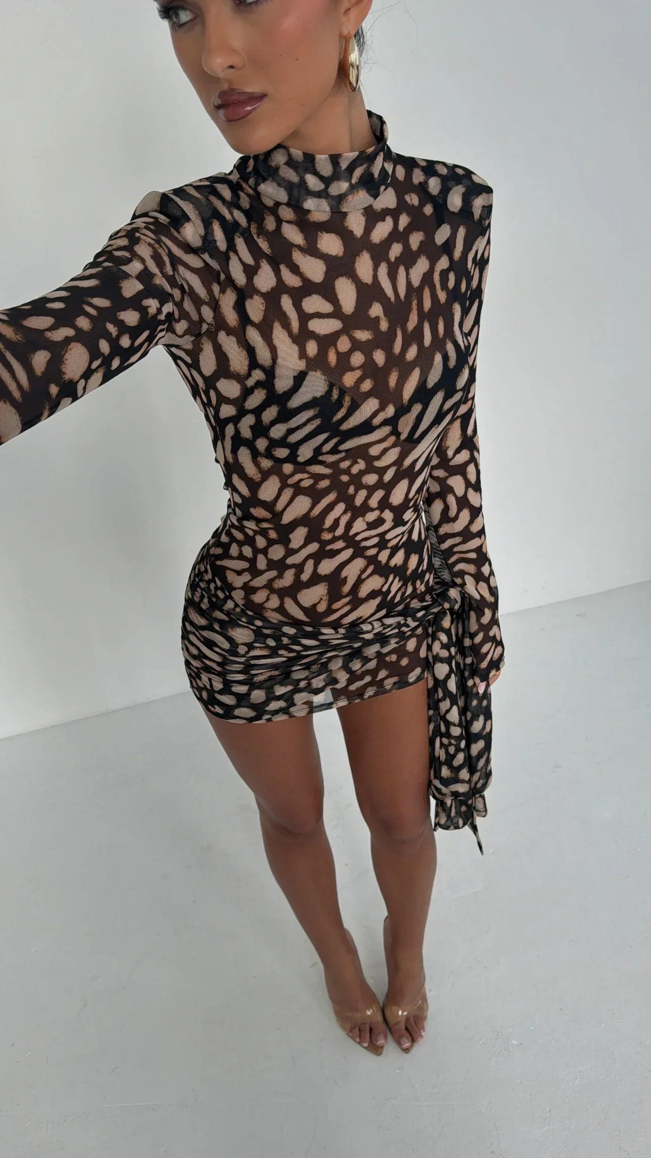 Women's Mesh Long Sleeve Glove Mini Dress Asymmetric Bodycon Party Night Out Club Birthday Summer – Tess