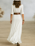 Women's Cotton And Linen Pleated Lapel Single-breasted Long-sleeved Long Dress
