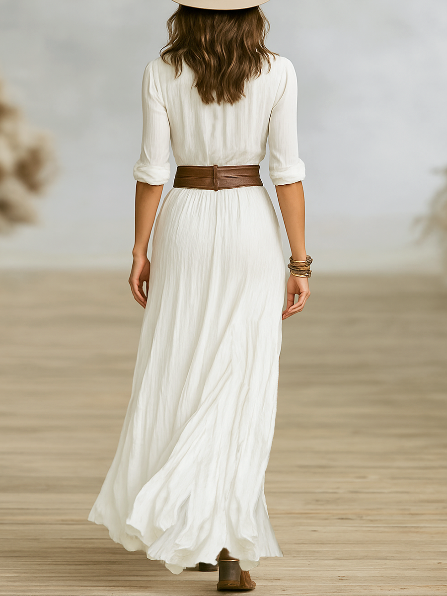 Women's Cotton And Linen Pleated Lapel Single-breasted Long-sleeved Long Dress