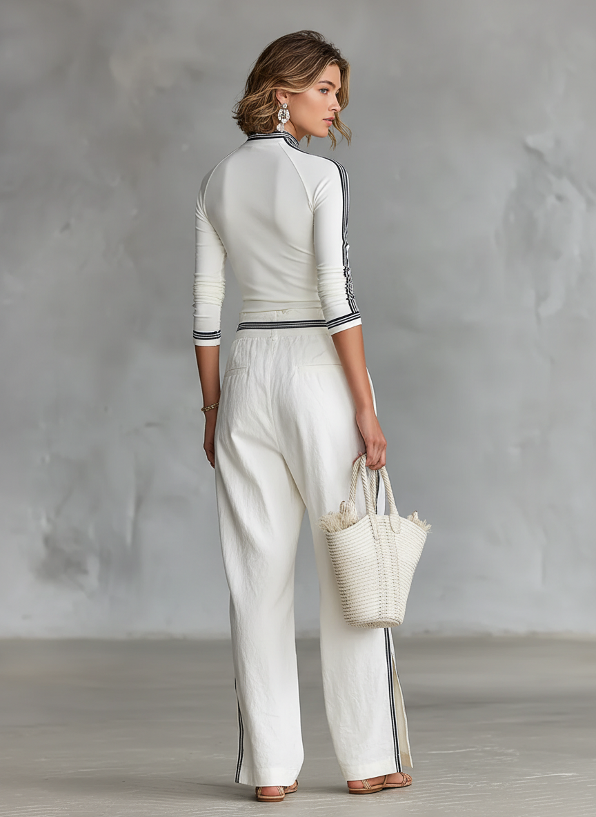 Women's Sports Two-Piece Set Half High Neck Sleeve Top Drawstring Wide-Leg Pants Casual – White
