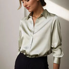 Women's Long Sleeve Button Down Satin Blouse Structured Collar Silky Elegant Work Evening – Stella - Lolly 
