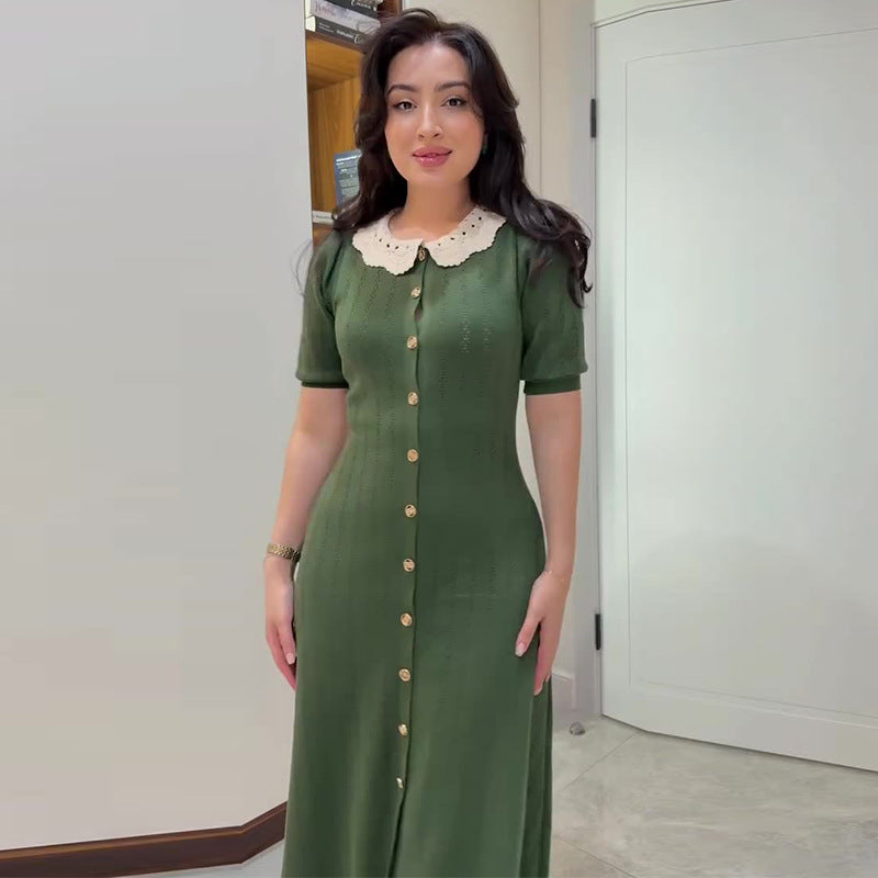 Women's Knit Button-Front Midi Dress Short Sleeve Polo Collar Slim Fit Elegant Casual Work Office Everyday Autumn – Colette