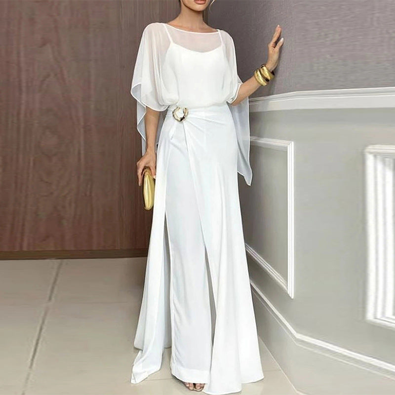 B - Women's Minimalist Solid Color Sleeveless Crop Top Wide Leg Pants Two-Piece Set Jumpsuit Polyester Casual Formal Work Summer – Clarity