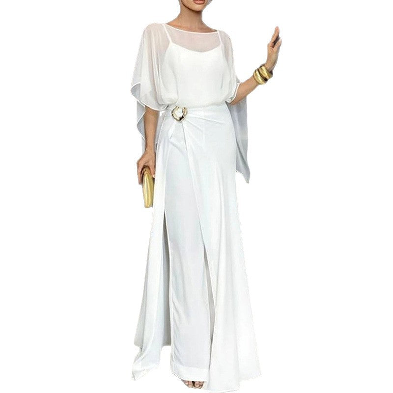 B - Women's Minimalist Solid Color Sleeveless Crop Top Wide Leg Pants Two-Piece Set Jumpsuit Polyester Casual Formal Work Summer – Clarity
