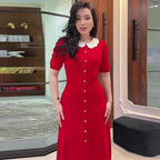 Women's Knit Button-Front Midi Dress Short Sleeve Polo Collar Slim Fit Elegant Casual Work Office Everyday Autumn – Colette