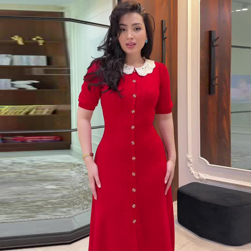 Women's Knit Button-Front Midi Dress Short Sleeve Polo Collar Slim Fit Elegant Casual Work Office Everyday Autumn – Colette