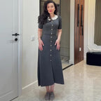 Women's Knit Button-Front Midi Dress Short Sleeve Polo Collar Slim Fit Elegant Casual Work Office Everyday Autumn – Colette