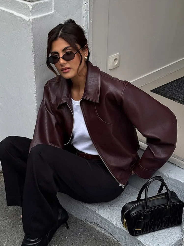 Women's Oversized Moto Jacket with Belt and Asymmetric Zip
