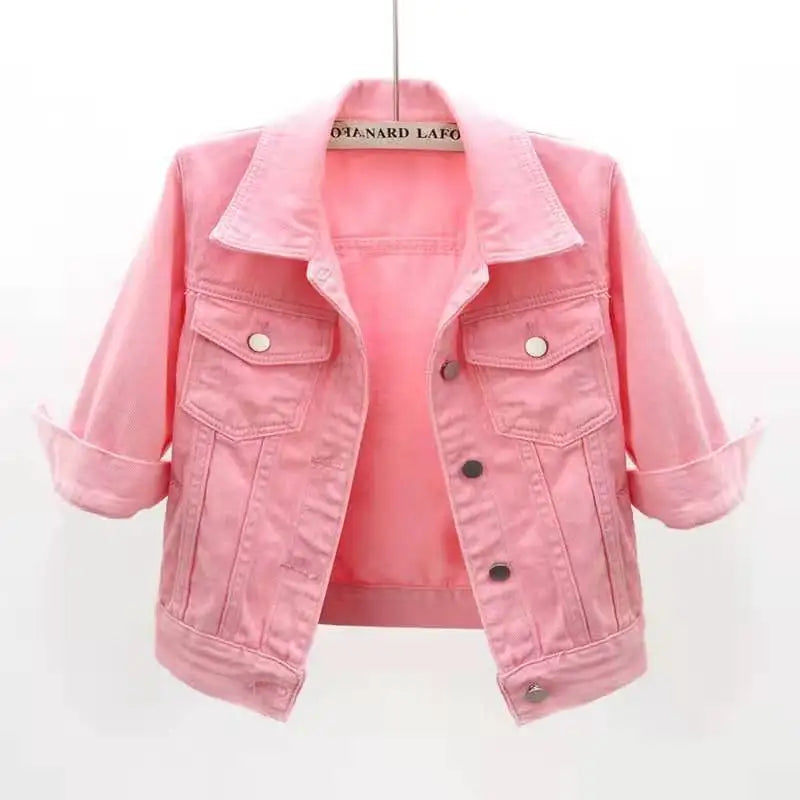 Women's Cropped Denim Jacket with Snap Buttons and Chest Pockets