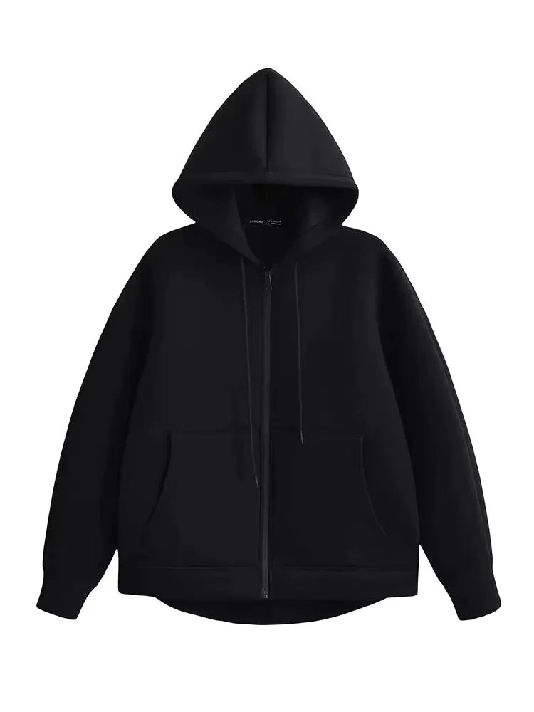 Oversized zip-up hoodie in black with full-length front zipper, drawstring hood and ribbed cuffs, flat lay front view