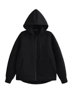 Oversized zip-up hoodie in black with full-length front zipper, drawstring hood and ribbed cuffs, flat lay front view