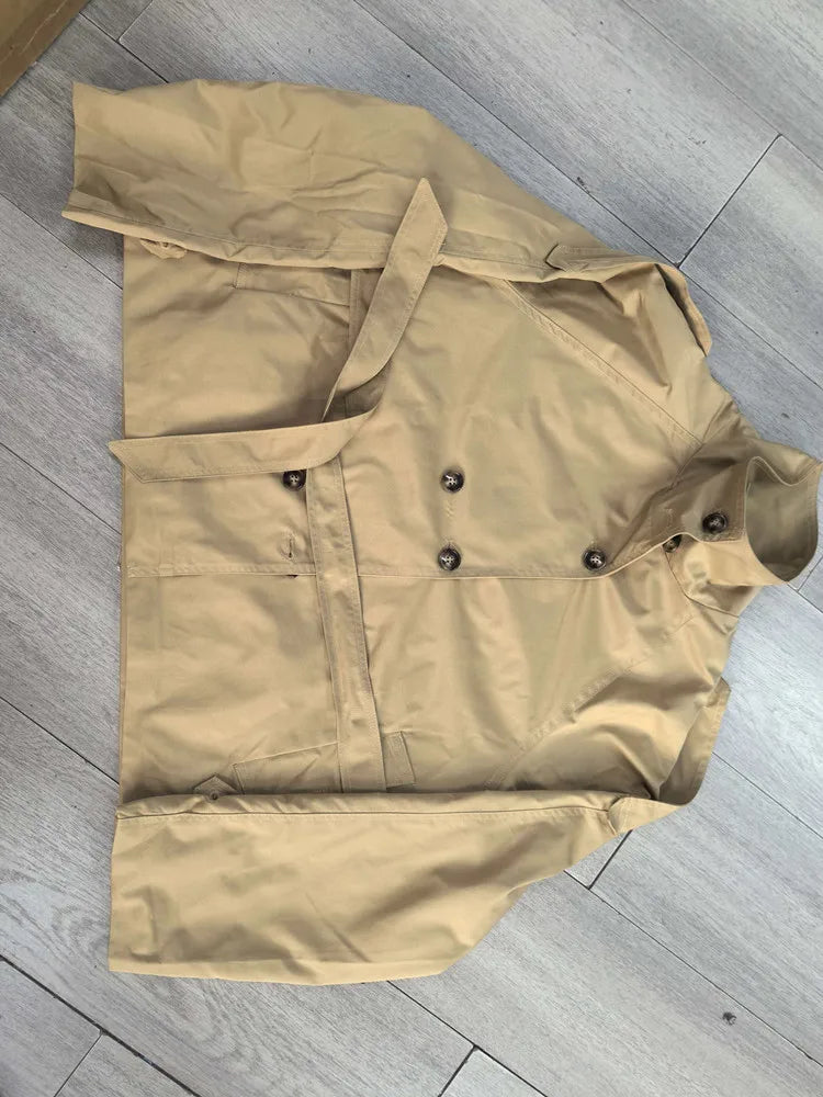 Women's Belted Trench Jacket – Short Double-Breasted Stand Collar Coat