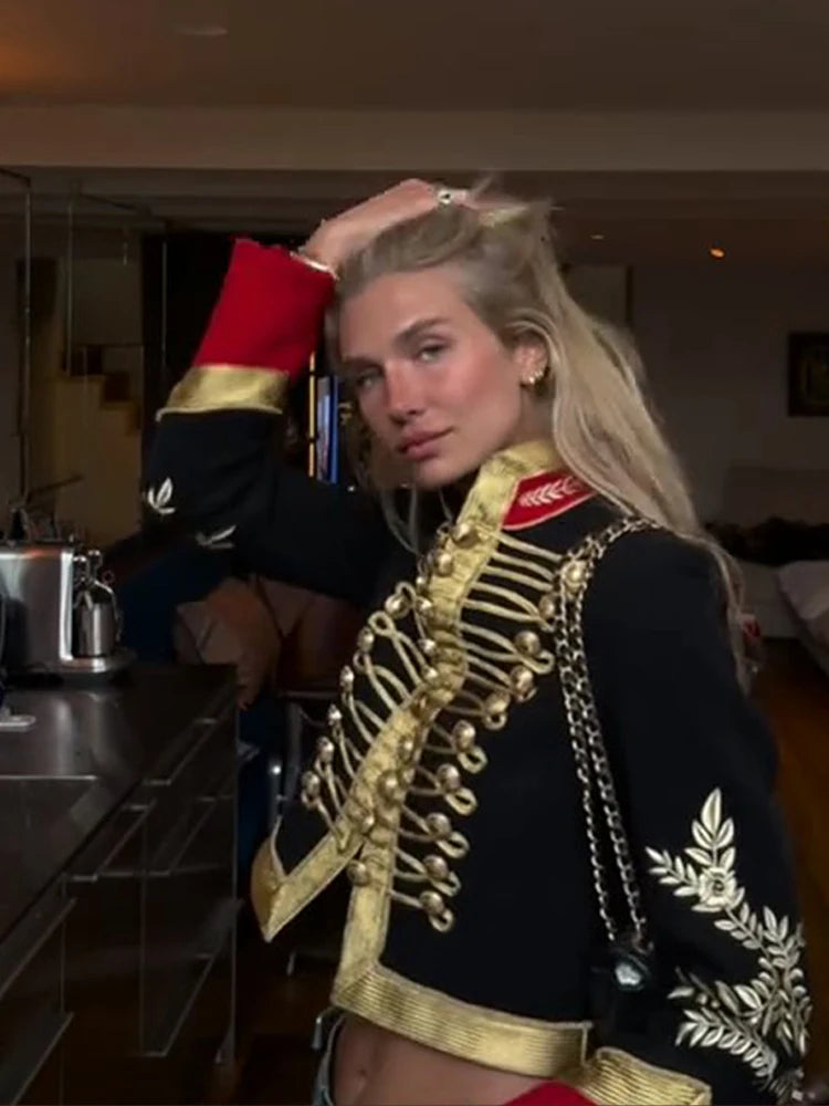 Military-Style Hussar Cropped Jacket with Gold Braided Frog Closures