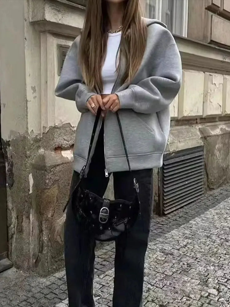 Zip Up Hoodie – Oversized Fleece-Look Sweatshirt with Full-Length Zipper