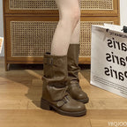 Women's Knee High Boots with Slouchy Shaft and Double Buckle Straps