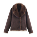 Front flat lay of the jacket showing the smooth dark brown suede-like exterior, oversized faux fur lapel collar, three-button closure and faux fur hem trim