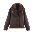 Front flat lay of the jacket showing the smooth dark brown suede-like exterior, oversized faux fur lapel collar, three-button closure and faux fur hem trim