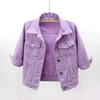 Women's Cropped Denim Jacket with Snap Buttons and Chest Pockets
