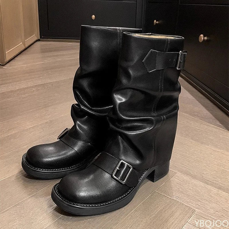 Women's Knee High Boots with Slouchy Shaft and Double Buckle Straps