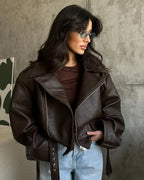 Women's Oversized Moto Jacket with Belt and Asymmetric Zip