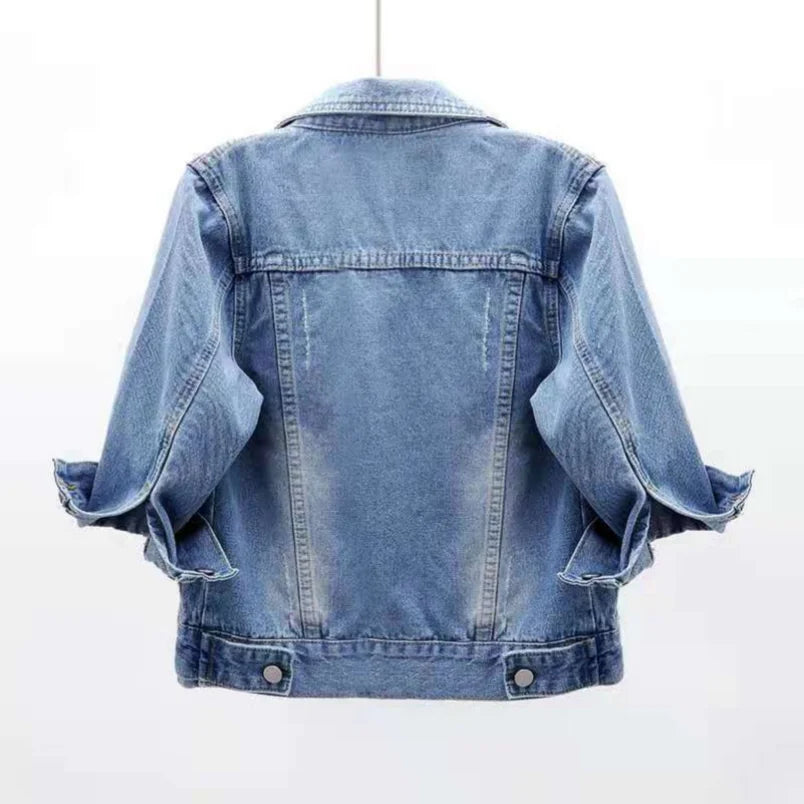 Women's Cropped Denim Jacket with Snap Buttons and Chest Pockets