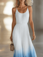 Women's Elegant Pleated Long Dress Chiffon V-Neck Wedding Guest Formal Party Summer Dress – Blue Gradient White