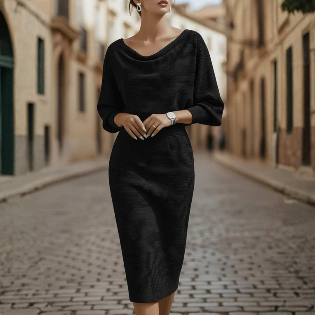 Women's Elegant Cowl Neck Midi Dress Long Sleeve Formal Work Office Cocktail Wedding Guest Bodycon – Grey Black Beige Blue