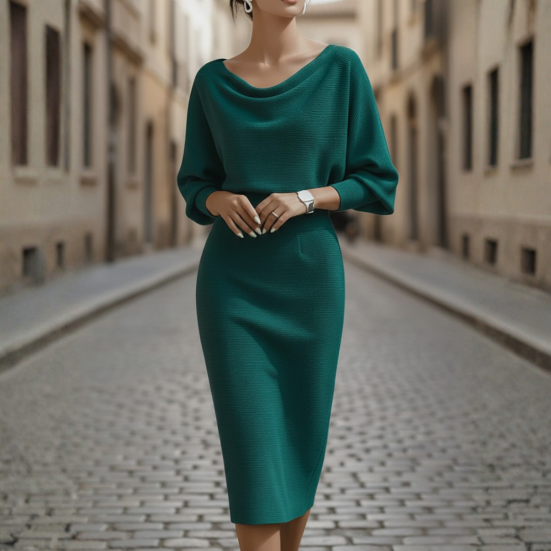 Women's Elegant Cowl Neck Midi Dress Long Sleeve Formal Work Office Cocktail Wedding Guest Bodycon – Grey Black Beige Blue