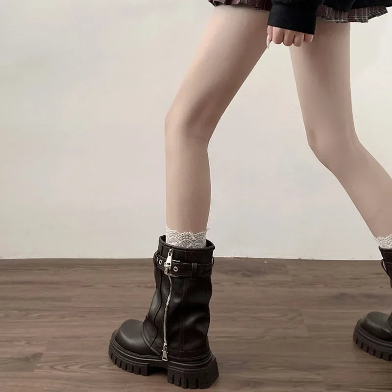 Boots Winter Womens – Mid-Calf Platform with Front Zipper & Buckle Strap - Lolly 