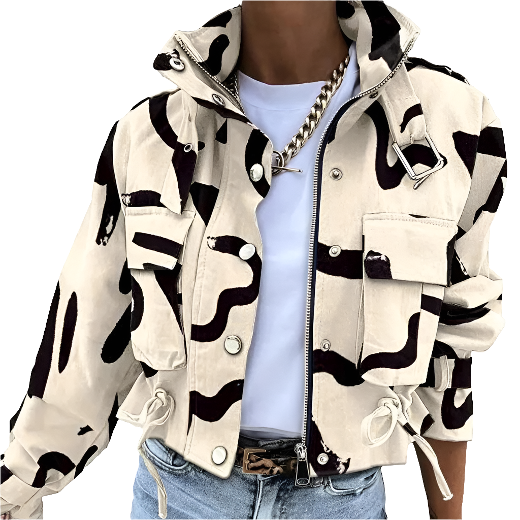 Front view of the cropped abstract-print jacket on a model against a white background, showing the stand collar, zip, snap buttons and cargo pockets