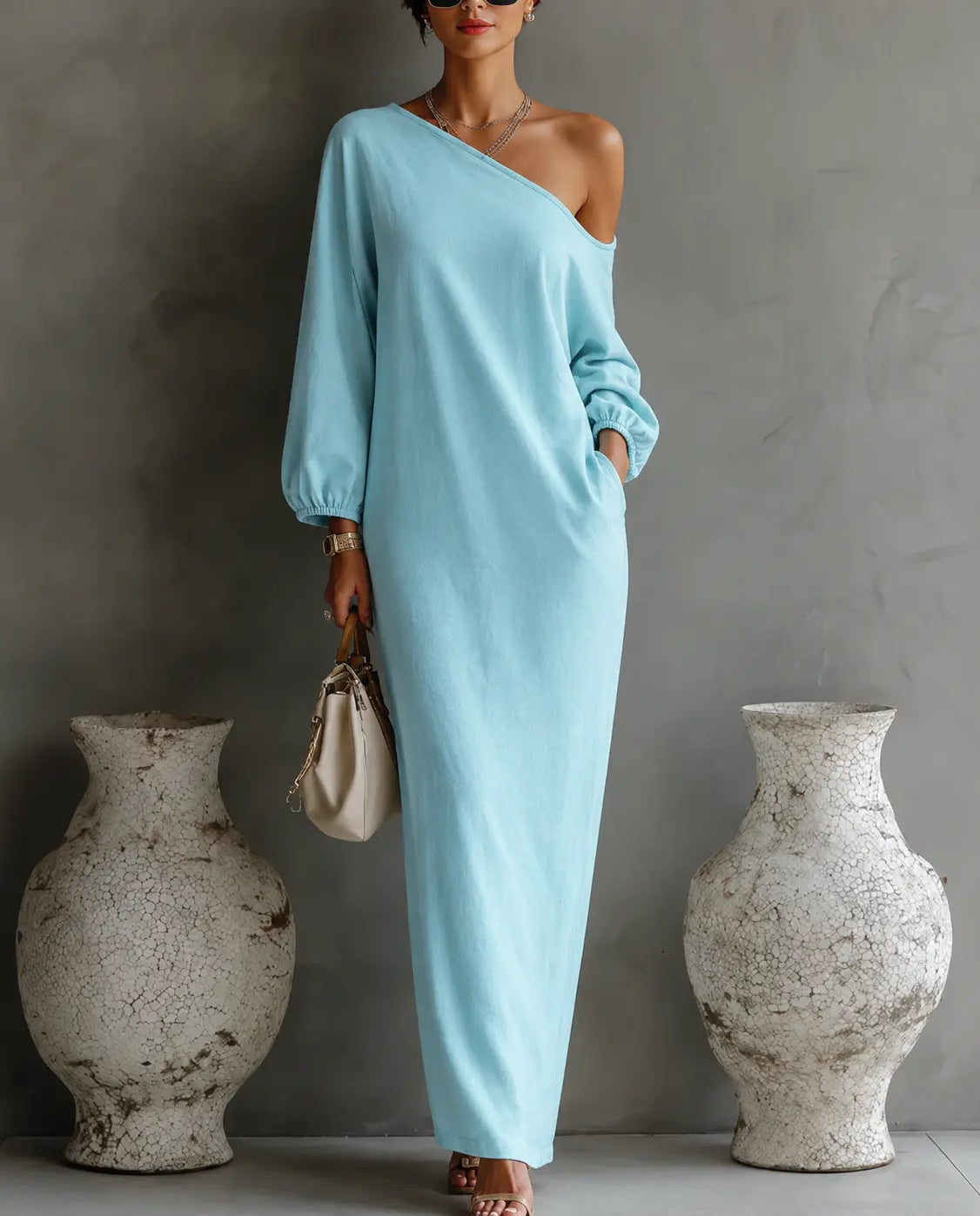 Women's Linen Balloon Sleeve Long Dress Off-Shoulder Oversized Relaxed Fit Formal Wedding Guest Beach Vacation Resort Everyday – Brisa