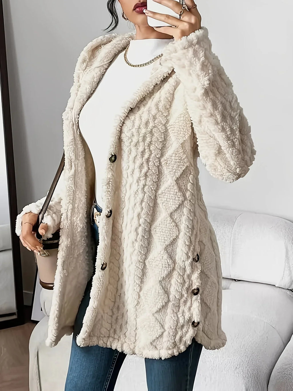 Cardigan with Hood – Textured Fleece-Like Open-Front Coat