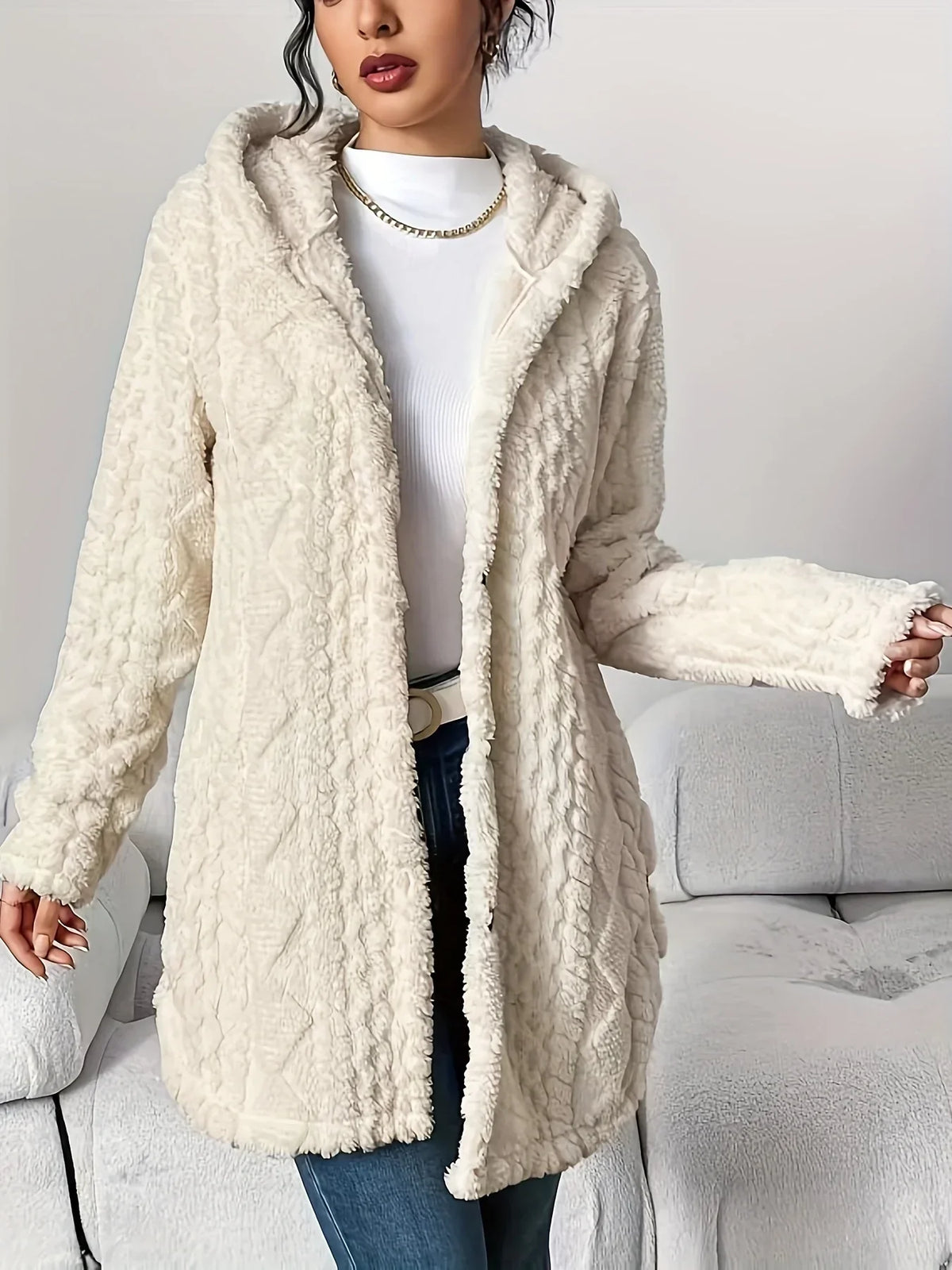 Cardigan with Hood – Textured Fleece-Like Open-Front Coat