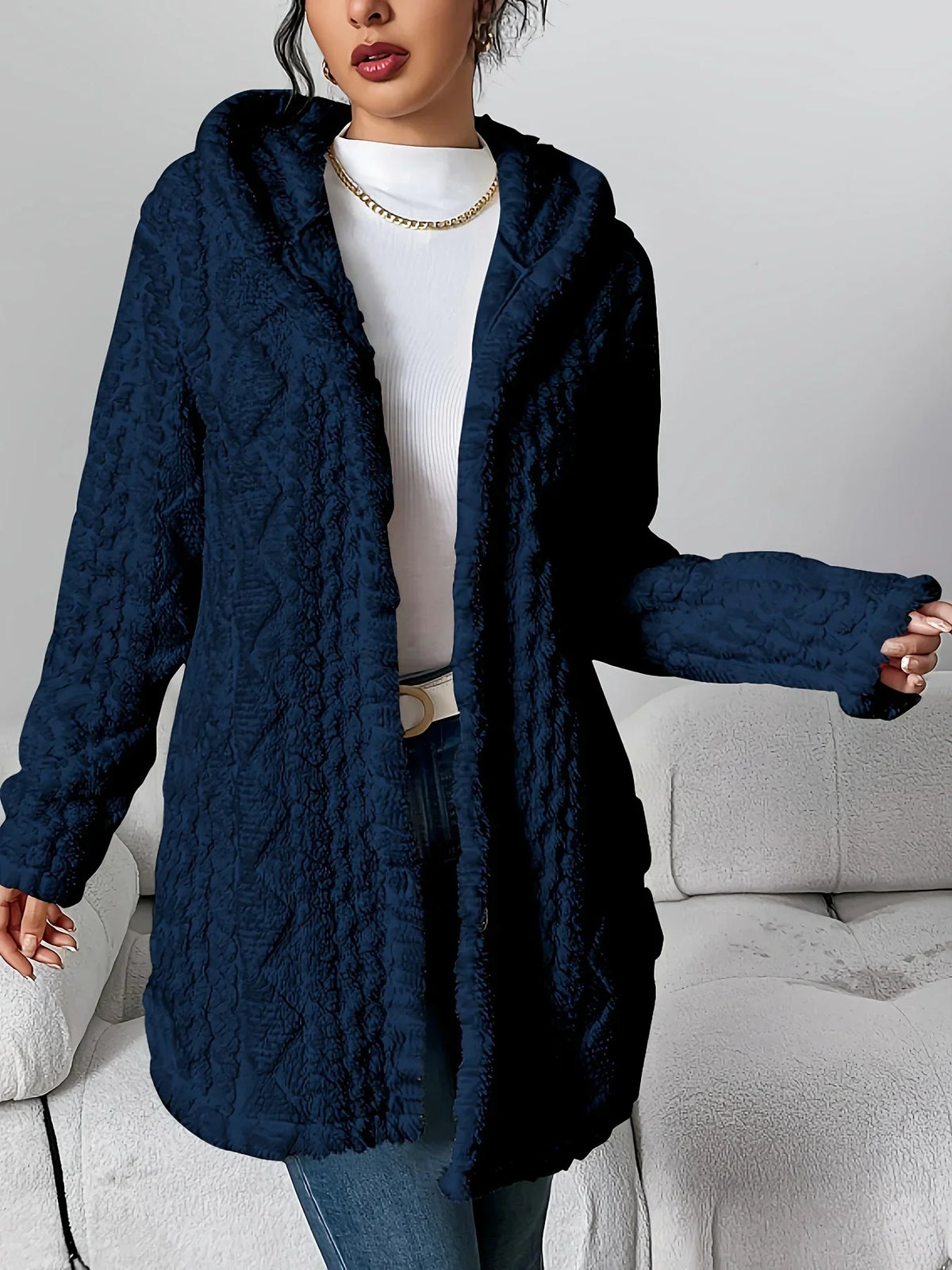 Cardigan with Hood – Textured Fleece-Like Open-Front Coat