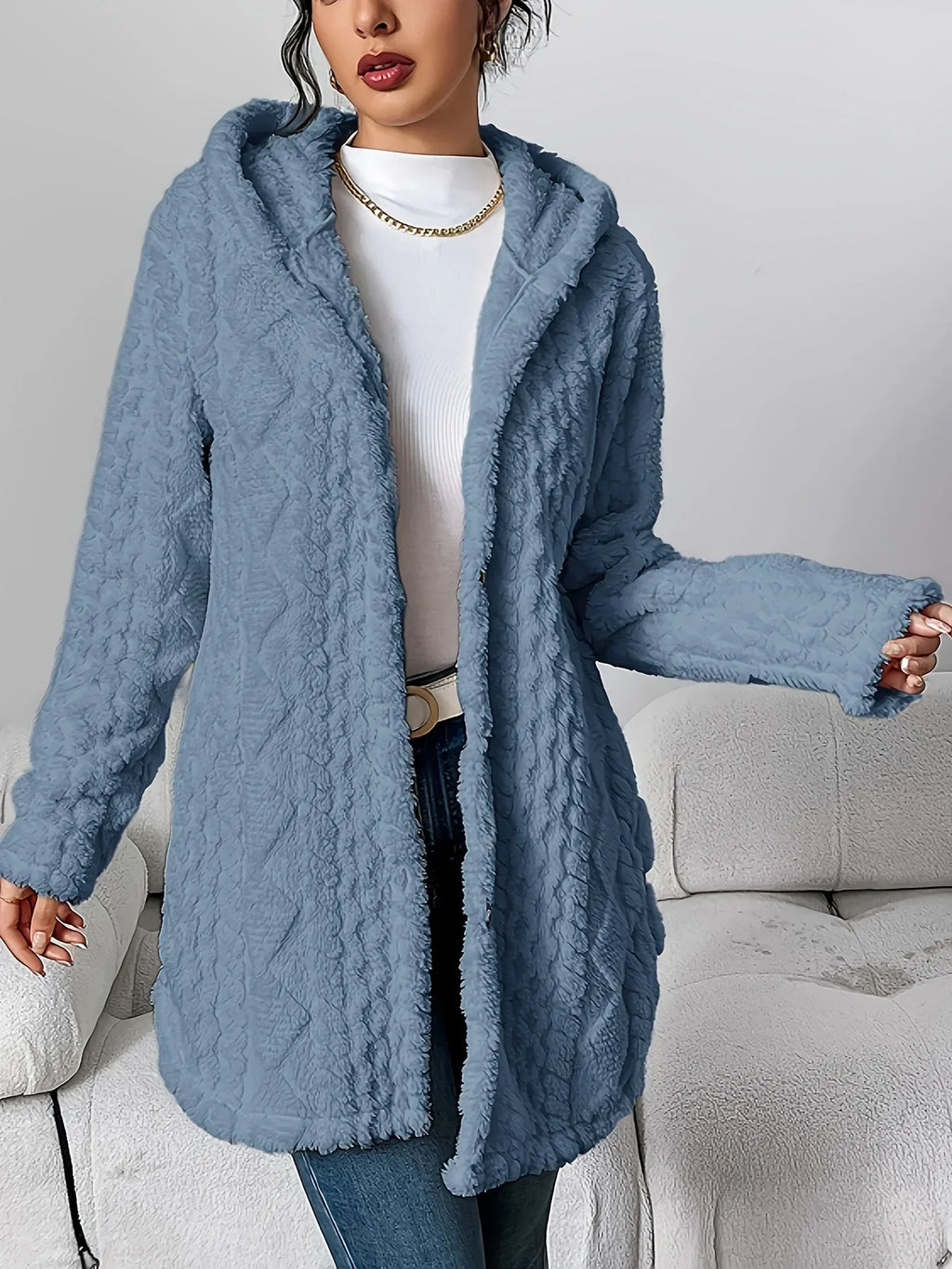 Cardigan with Hood – Textured Fleece-Like Open-Front Coat