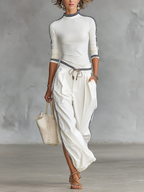 Women's Sports Two-Piece Set Half High Neck Sleeve Top Drawstring Wide-Leg Pants Casual – White