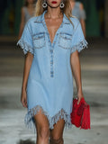 Women's Vintage Denim Shirt Mini Dress Short Sleeve Tassel Fringe Lapel Button Casual Summer Everyday Beach – Light Blue Loose Fit