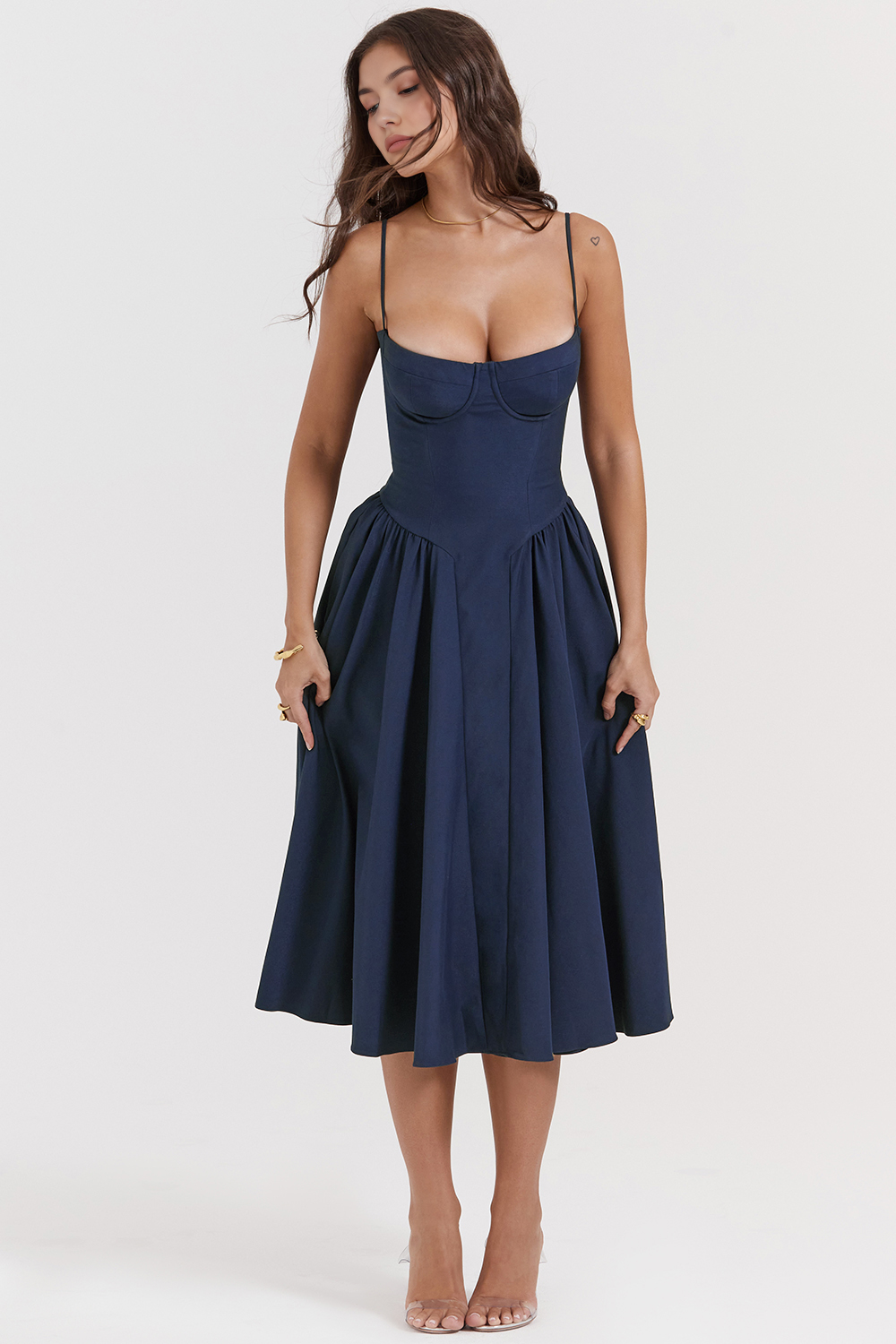 Women's Crepe Bustier Midi Dress Heart Neckline Waist-Slimming Wedding Dinner Party Formal – Anne