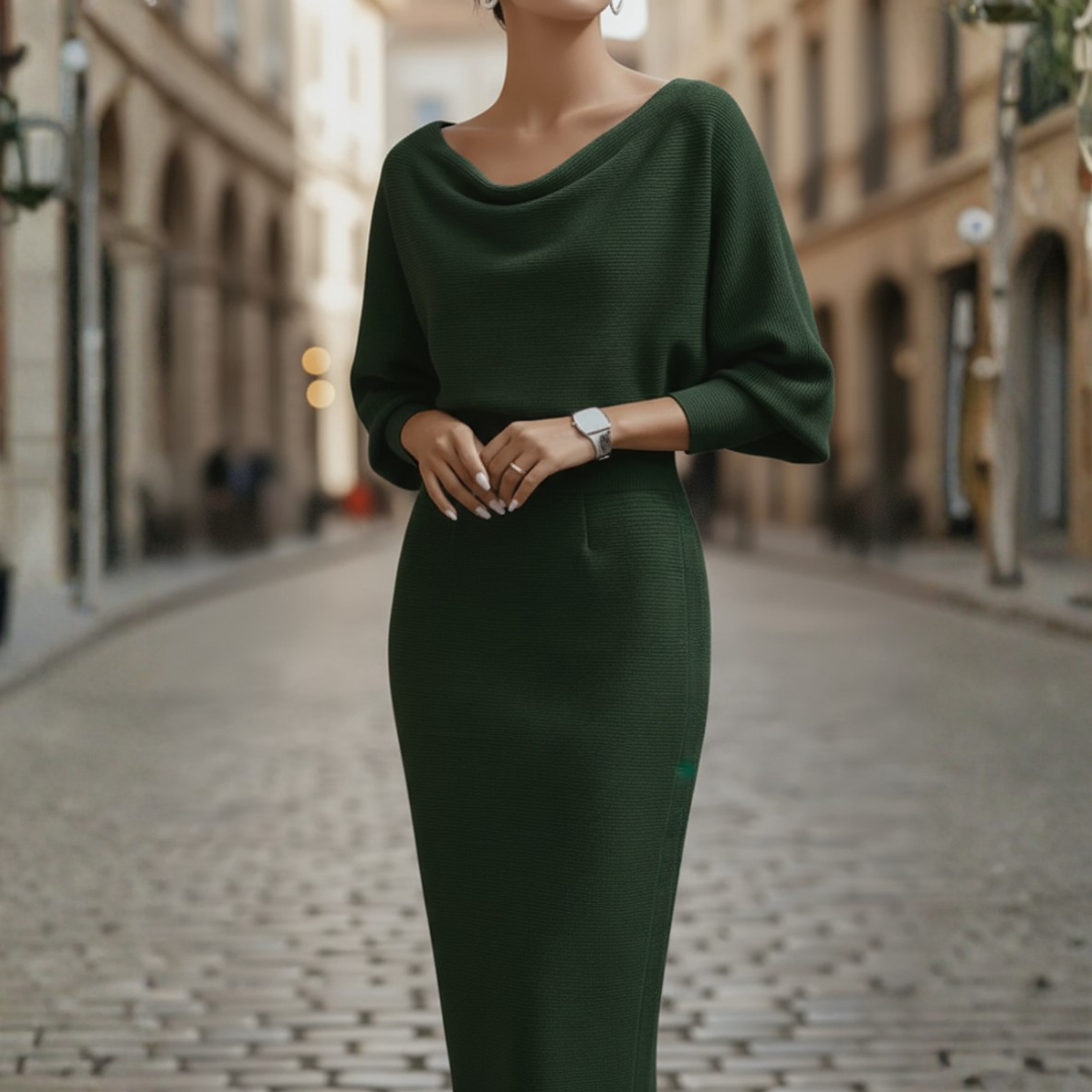 Women's Elegant Cowl Neck Midi Dress Long Sleeve Formal Work Office Cocktail Wedding Guest Bodycon – Grey Black Beige Blue