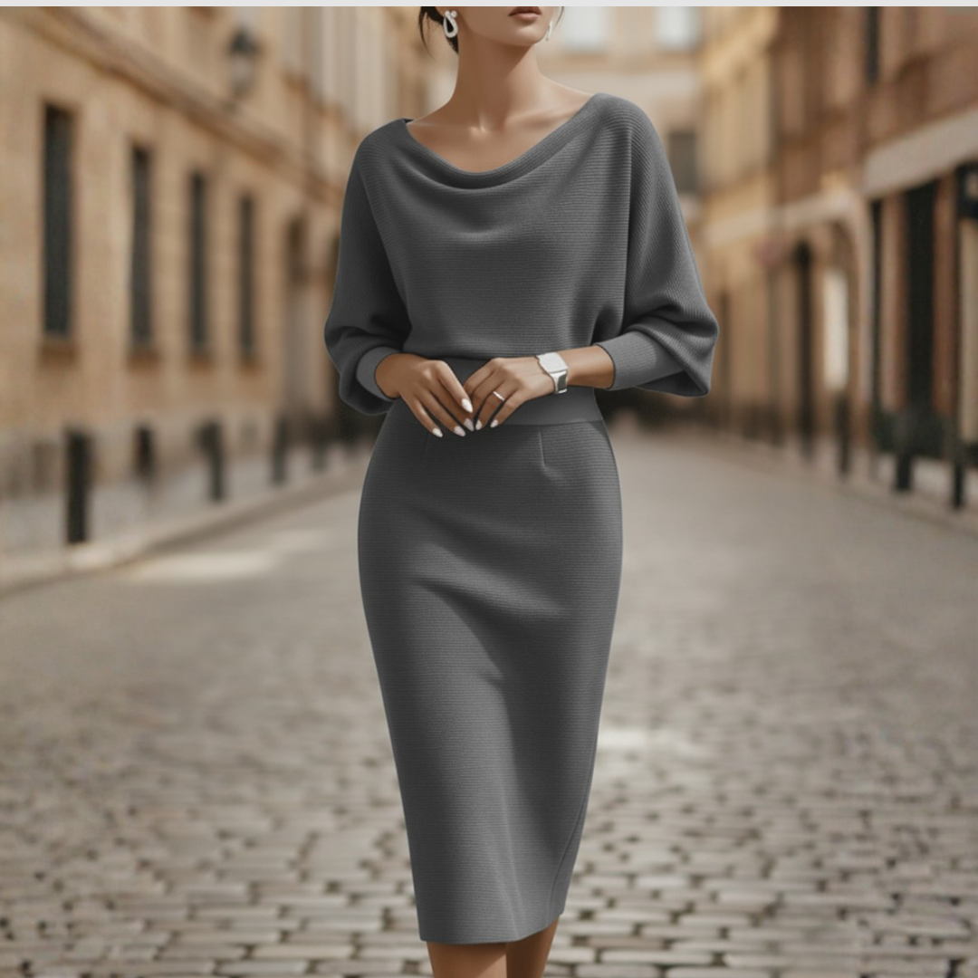 Women's Elegant Cowl Neck Midi Dress Long Sleeve Formal Work Office Cocktail Wedding Guest Bodycon – Grey Black Beige Blue