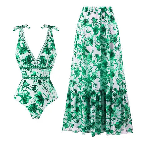 Women's V-Neck Lace-Up Printed One-Piece Swimsuit & Long Skirt Set Casual Beach Vacation Summer Resort Cover-Up – Green Floral