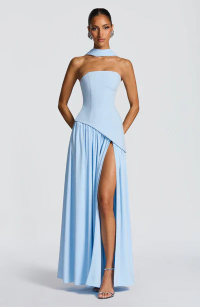 Women's Elegant Strapless Maxi Dress Fitted Slit Formal Party Wedding Guest Sophisticated – Mya