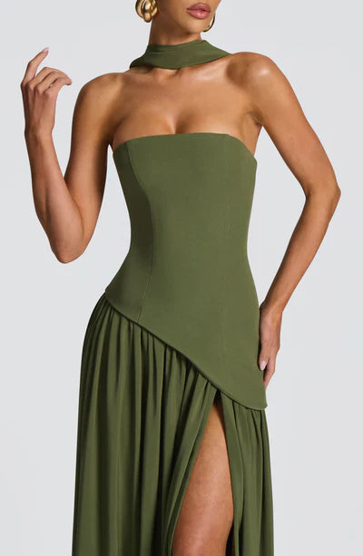 Women's Elegant Strapless Maxi Dress Fitted Slit Formal Party Wedding Guest Sophisticated – Mya