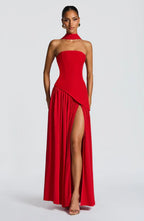 Women's Elegant Strapless Maxi Dress Fitted Slit Formal Party Wedding Guest Sophisticated – Mya