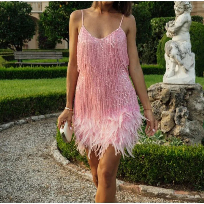 Pink Feather Sequin Mini Elegant Dress Spaghetti Straps Glam Cocktail Night Out Party Dress - Lolly 